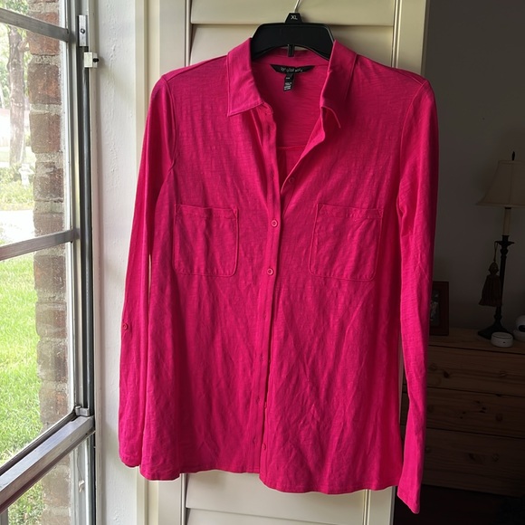 XS LONG TALL SALLY Hot Pink Fuchsia Button Up Collared Shirt with Pockets - Picture 1 of 11
